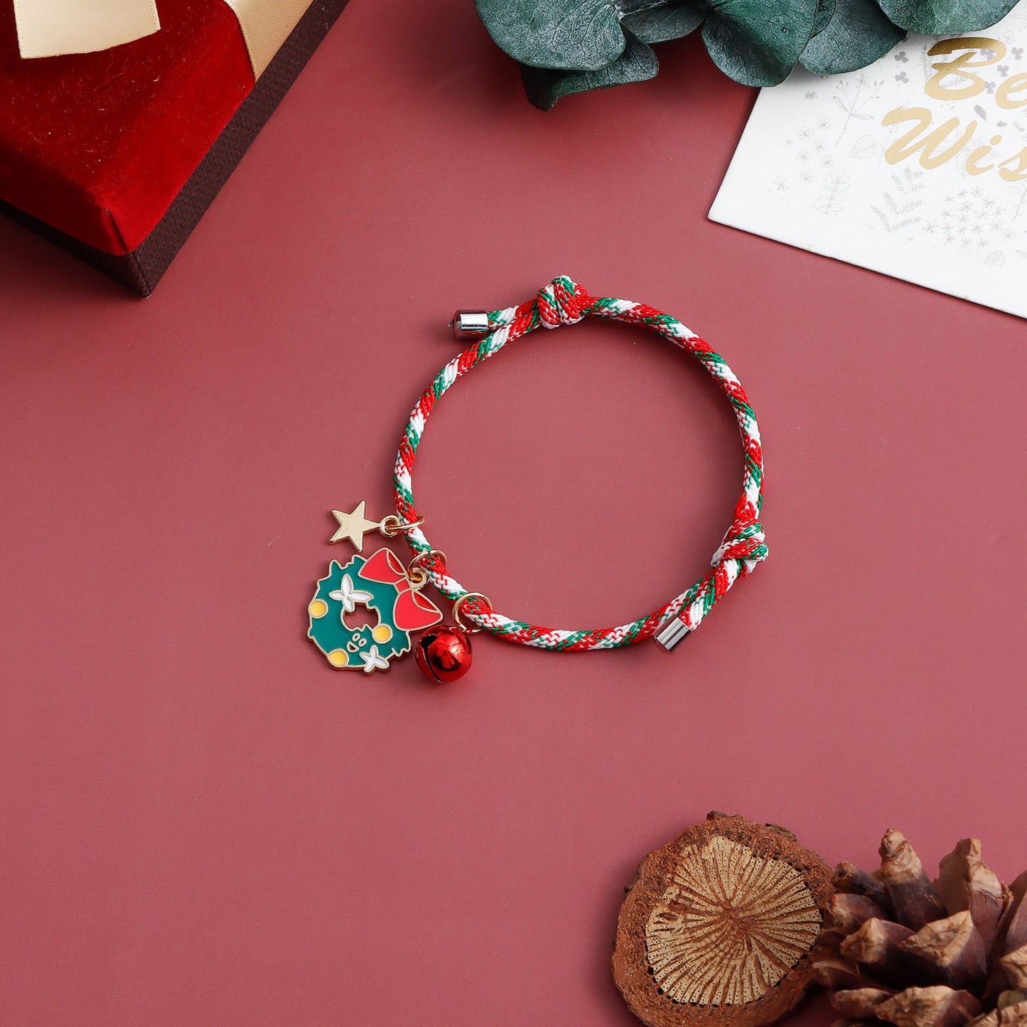 Minimalist Geometric Star and Bell Charm Bracelet with Woven Cord and Plated Finish for Christmas and Anniversary Gifting