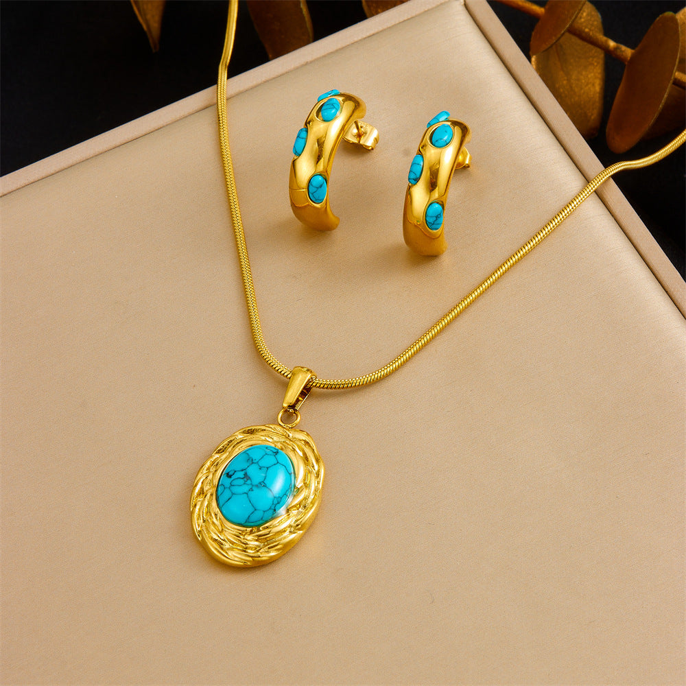 Vintage Gold Plated Heart Teardrop Stainless Steel Necklace and Earring Set with Turquoise and Pearl on Snake Chain for Women