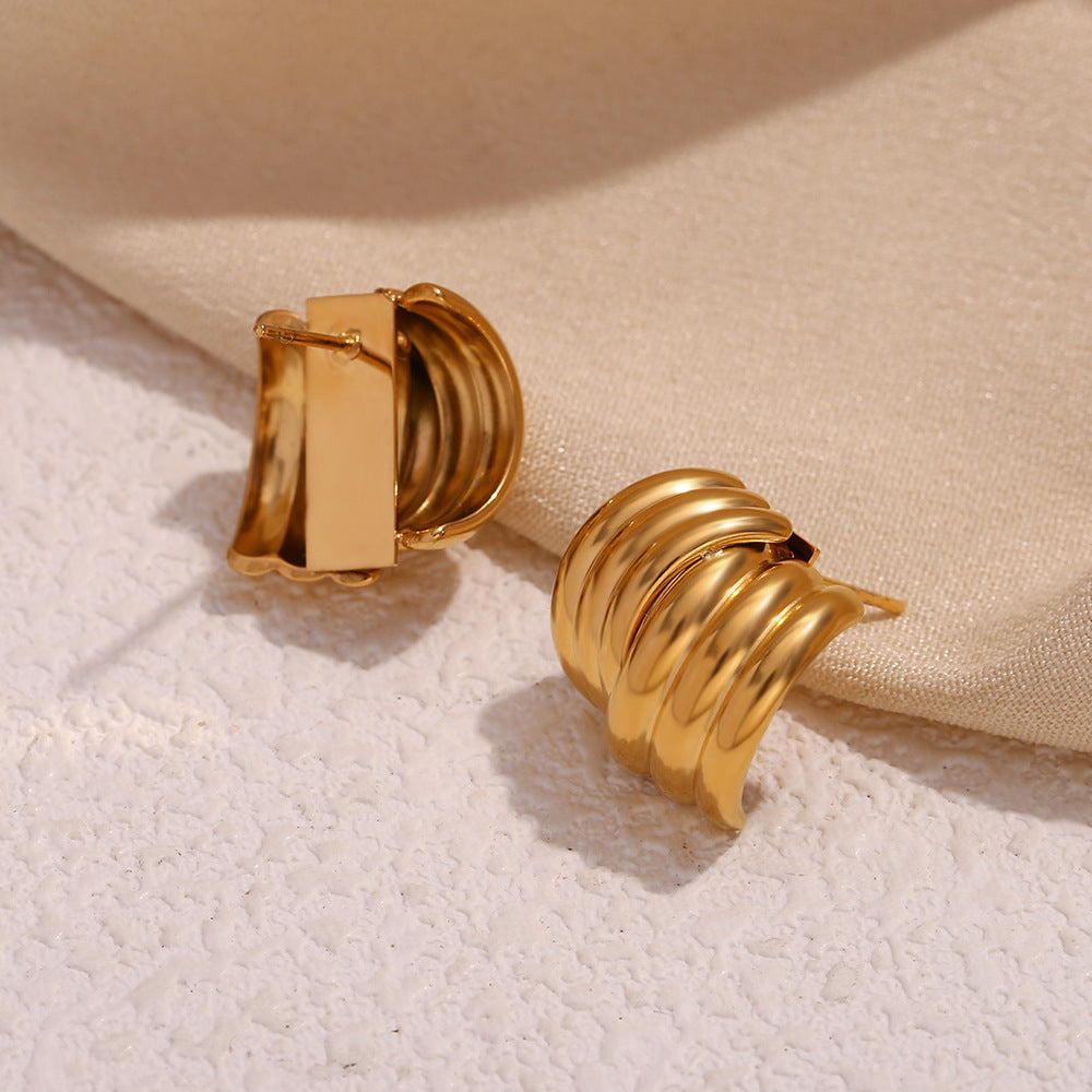 Minimalist Geometric Stainless Steel Ear Studs with 18K Gold Plating Triple Vertical Striped Cross Design for Women