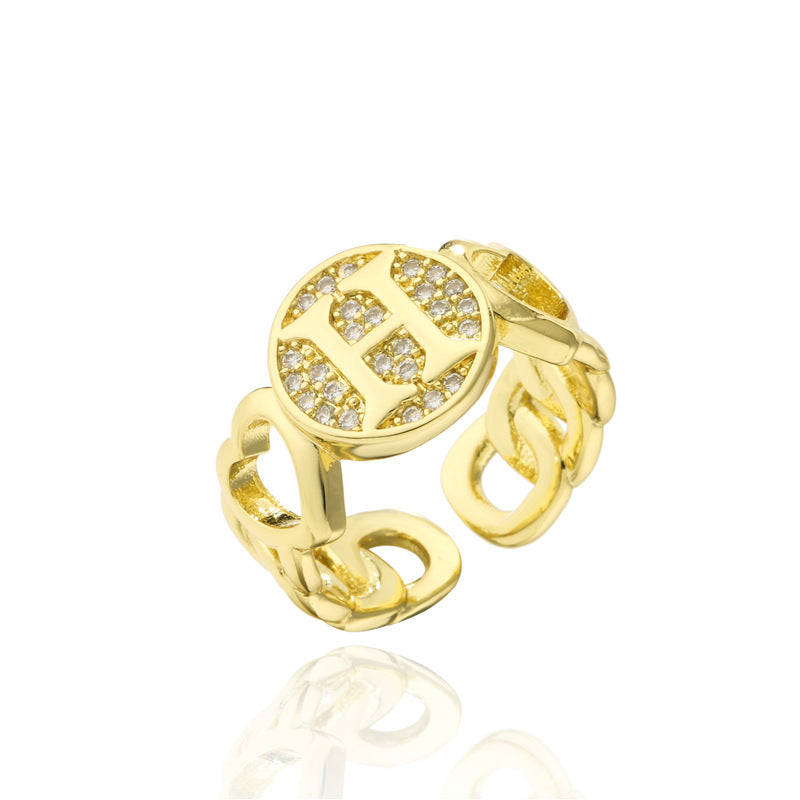 18K Gold Plated Brass Micro-Paved Cubic Zirconia Heart Letter Cuban Link Chain Open Ring for Women
