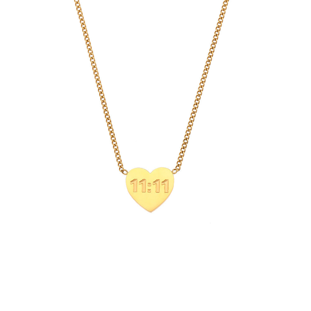 Collana Minimalista con Pendente a Cuore 11:11 in Acciaio Inossidabile Placcato Oro per Donna