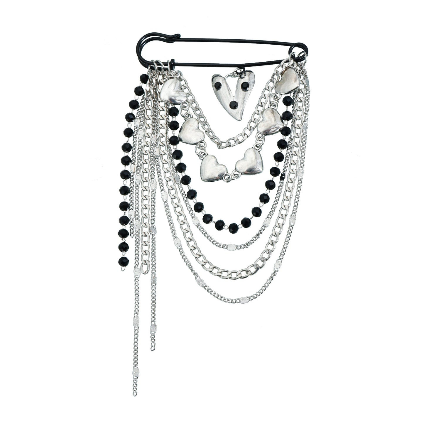 Sweet Streetwear Y2K Geometric Heart Alloy Plated Tassel Brooch with Black Beads