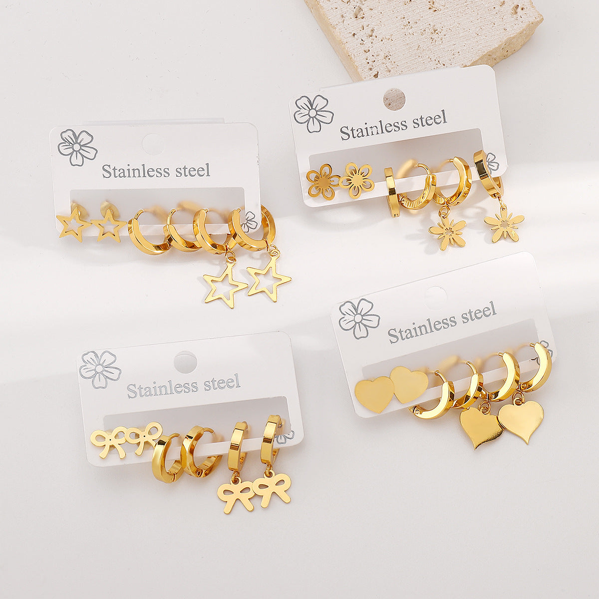 Minimalist Stainless Steel Star Heart Floral Hoop Earrings with Hollow Design and Plated Finish
