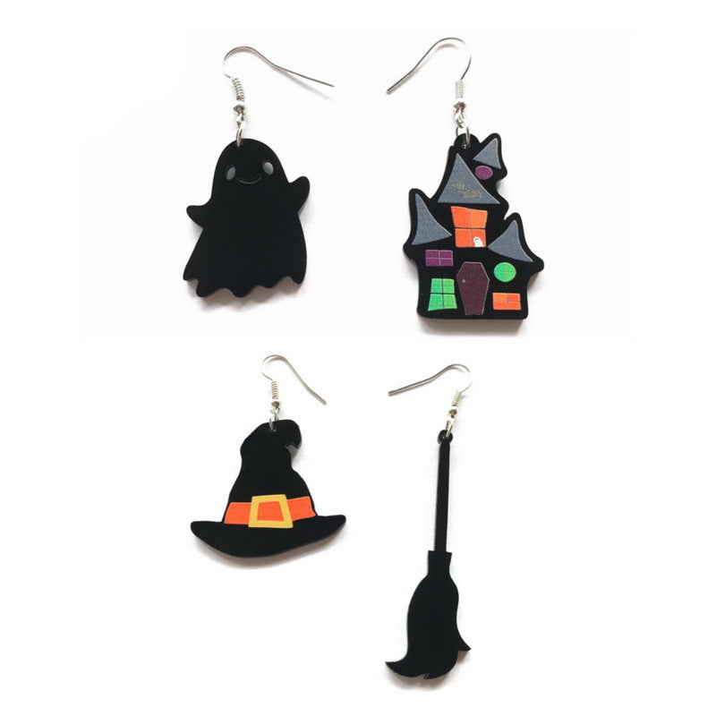 Pendientes de acrílico con temática de Halloween, diseño de fantasmas, brujas, escobas, murciélagos, castillos, con personajes de dibujos animados y patrón impreso