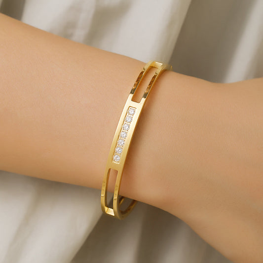 Gold Plated Stainless Steel Round Geometric Cubic Zirconia Bracelet for Women and Couples