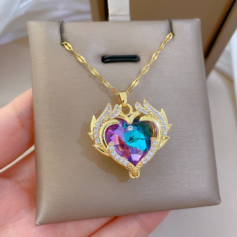 Collana Unisex in Acciaio Inossidabile a Forma di Cuore in Stile Cartone Animato con Intarsio di Strass, Catena a Medaglione Minimalista