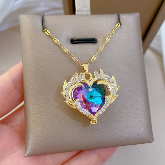 Cartoon Style Heart-Shaped Stainless Steel Necklace with Rhinestone Inlay for Women and Men, Minimalist Locket Chain