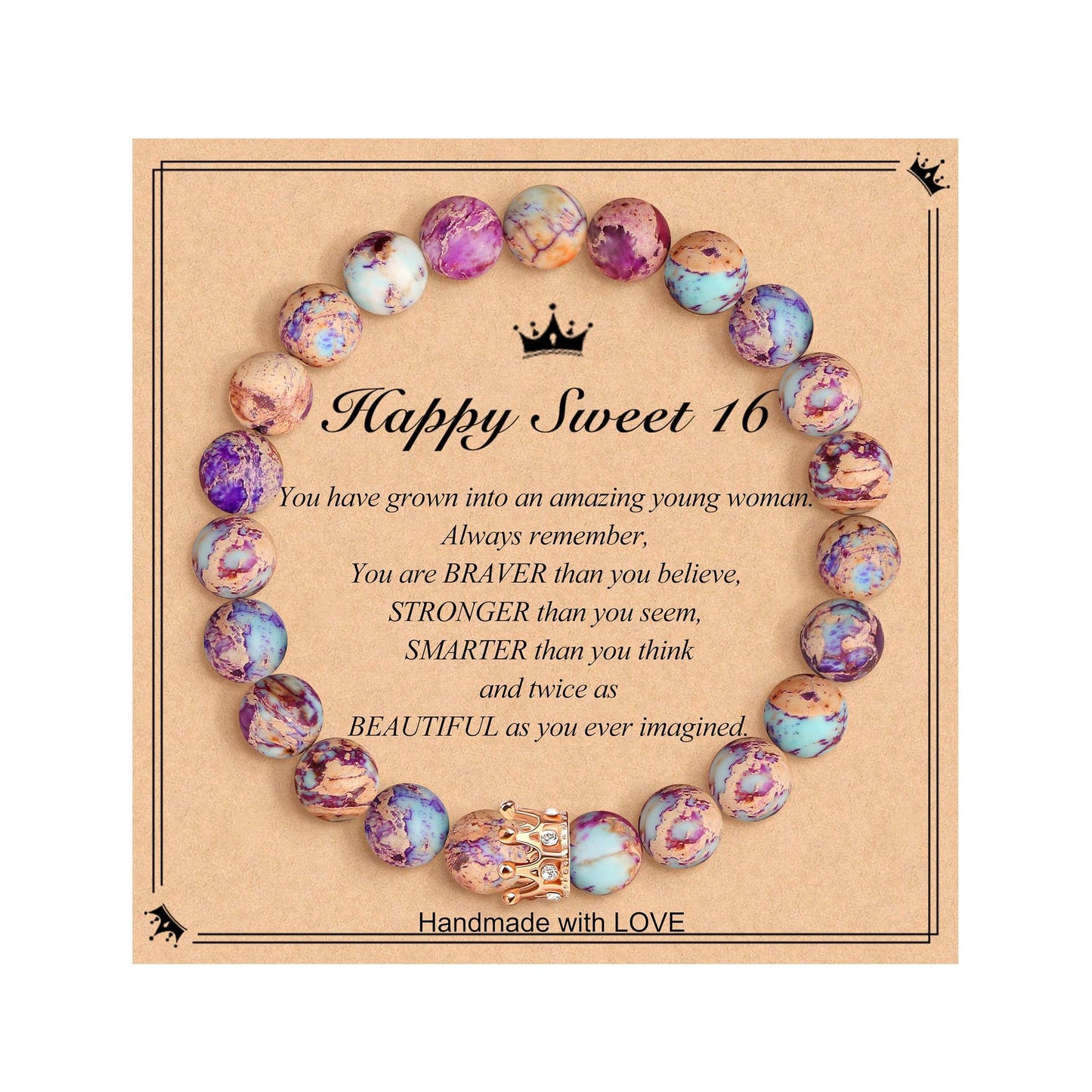 Elegant Crown Brass Bracelet with Natural Agate and Rhodochrosite Beads
