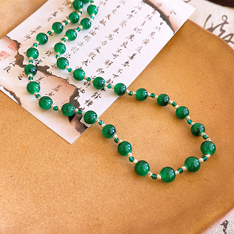 Vintage-Style Emerald Green Rhinestone-Embellished Tassel Pendant Necklace in Copper with Plated Finish for Women