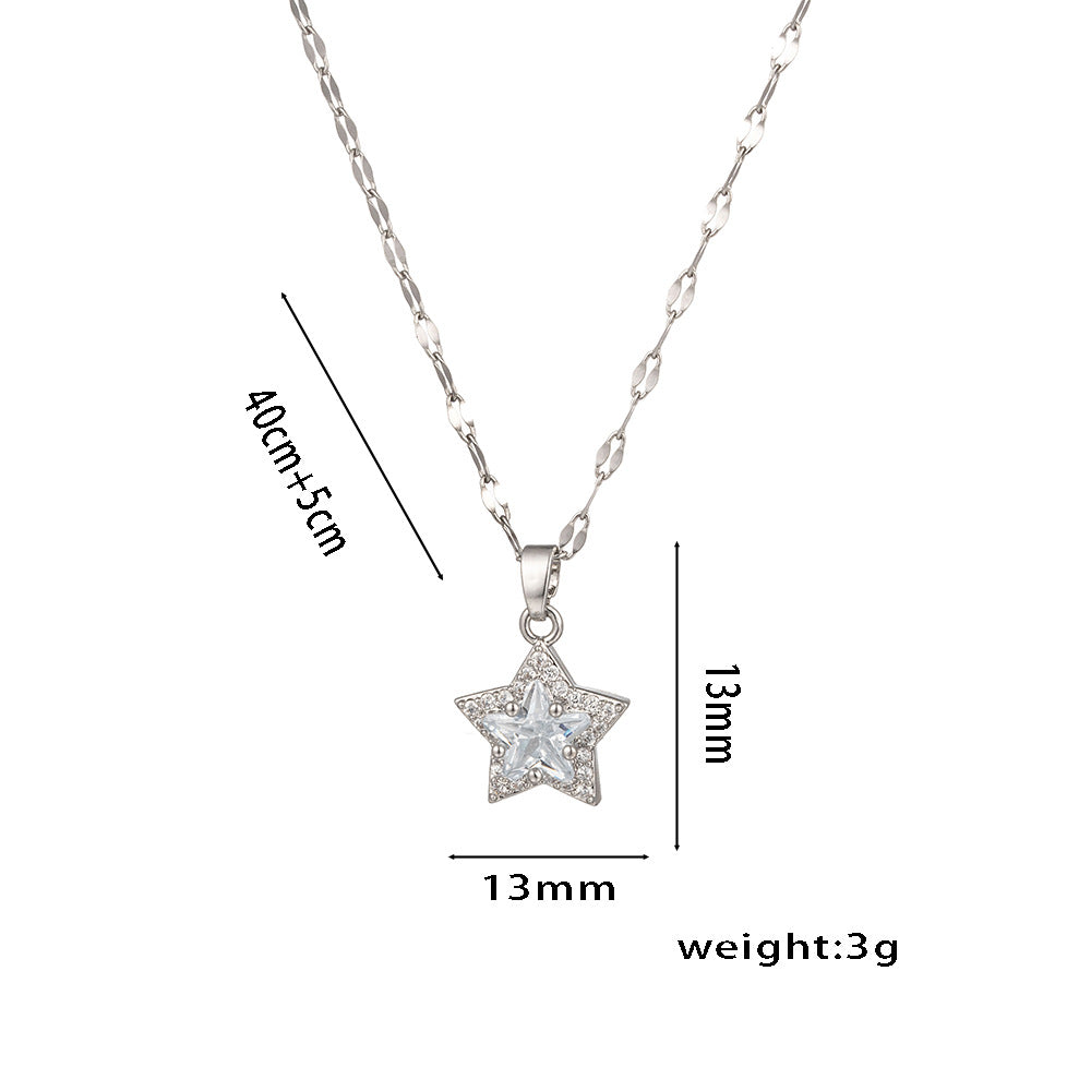 Elegant Minimalist Five-Pointed Star Titanium Steel Necklace for Women with Micro-Paved Zirconia, Water Wave Chain, Hypoallergenic Plated Finish