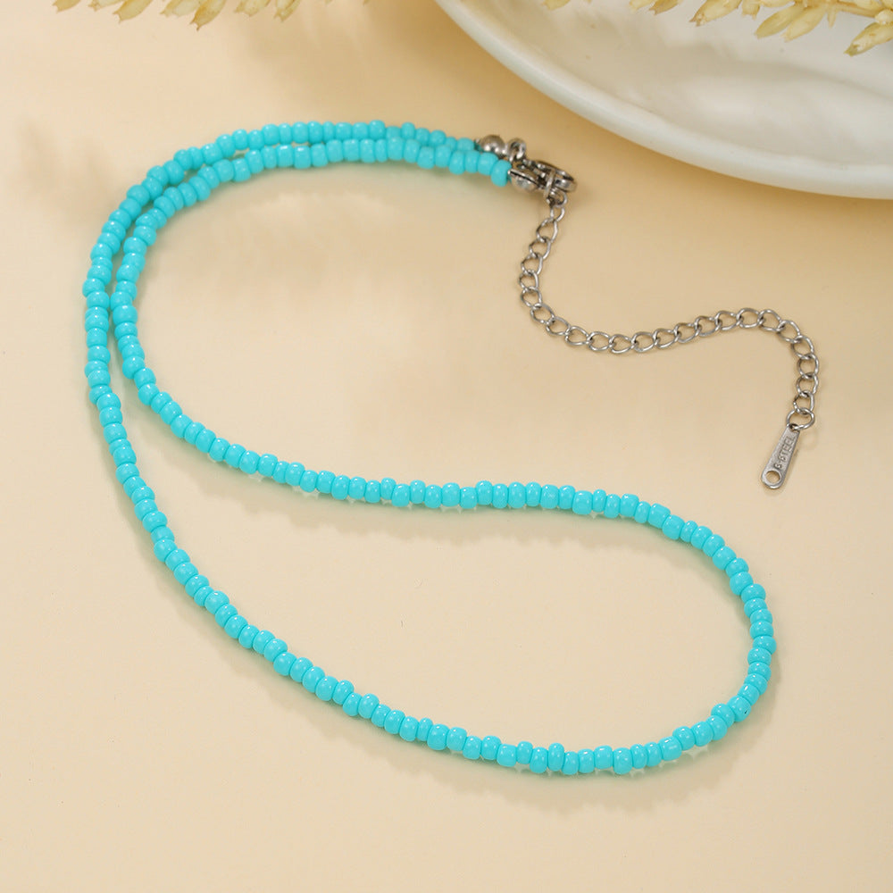 Casual Geometric Round Glass Beaded Ball Chain Necklace Handmade Double Layer