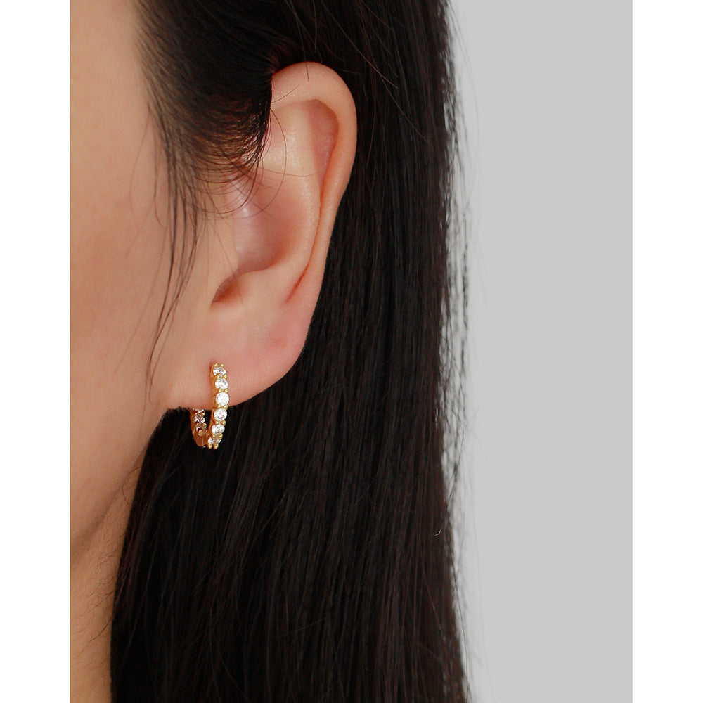Minimalist Elegant 925 Sterling Silver Round Geometric Hoop Earrings with Cubic Zirconia Inlay for Women