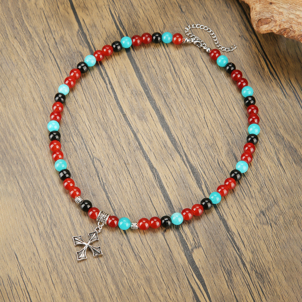Bohemian Geometric Cross Agate Gemstone Glass Bead Ball Chain Necklace Unisex Handmade