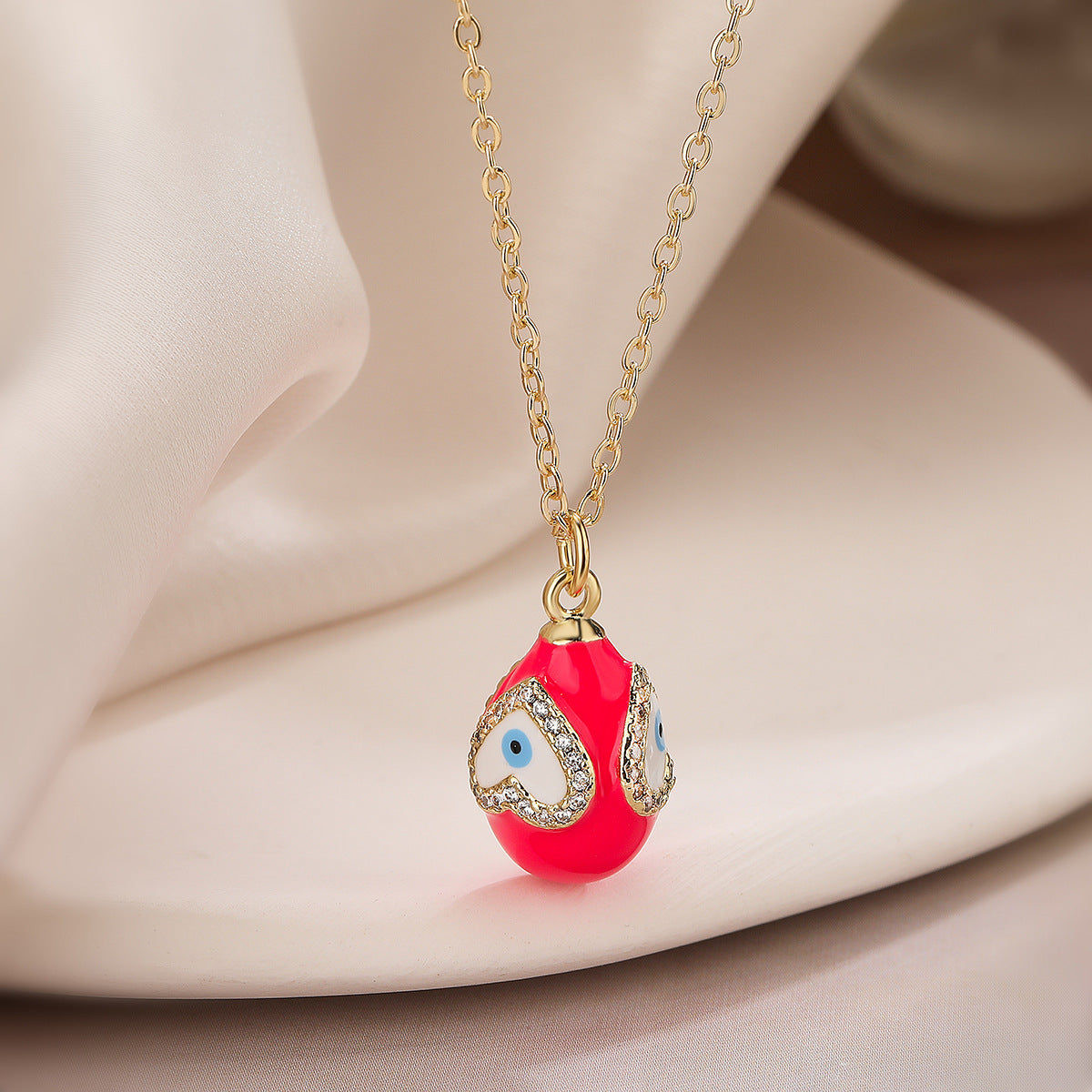 Minimalist Geometric Evil Eye Pendant Necklace with Copper Base Plated in 18K Gold and Enamel Finish, Zircon Inlay