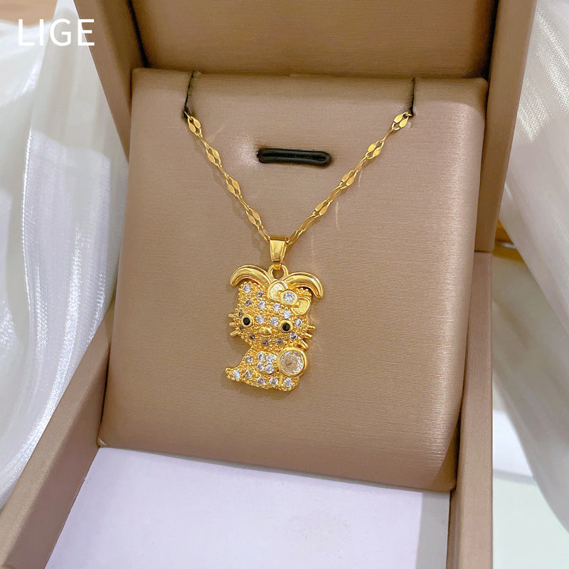 Luxury Butterfly Knot Cat Pendant Necklace for Women Stainless Steel Delicate Bowknot Collar Chain with Rhinestone Accents