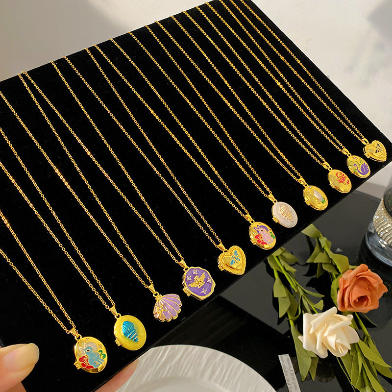 Vintage Enamel Drip Oil Oval Heart Brass Pendant Titanium Steel Necklace Cable Chain