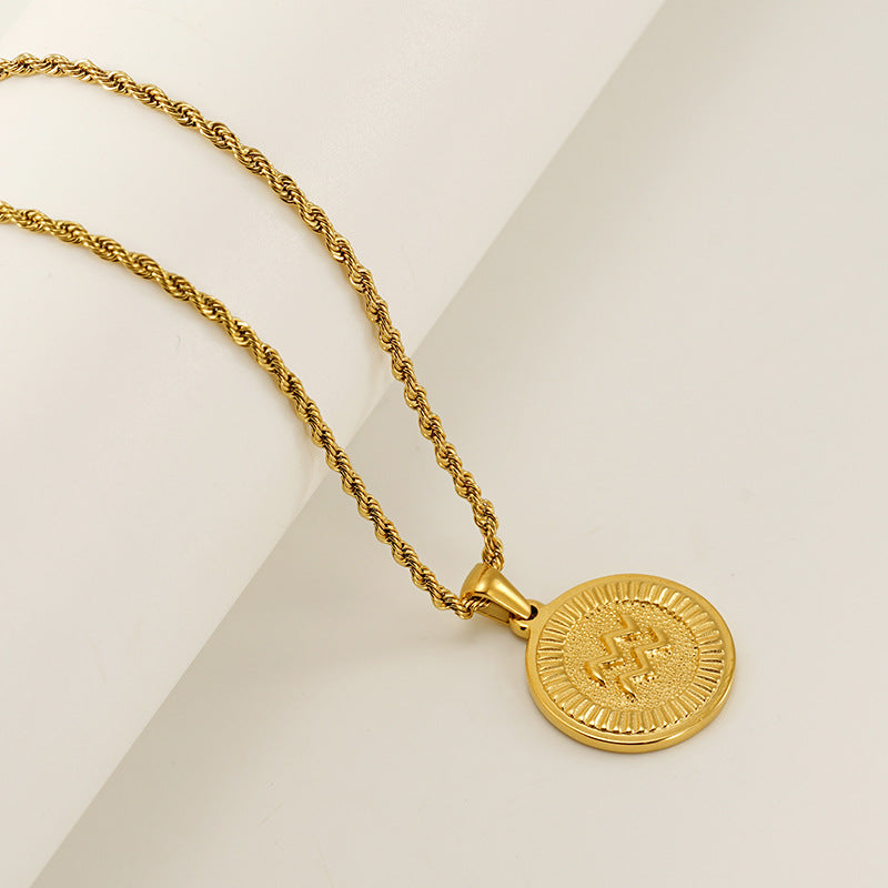 Vintage 18K Gold Plated Round Zodiac Pendant Titanium Steel Rope Chain Necklace Unisex