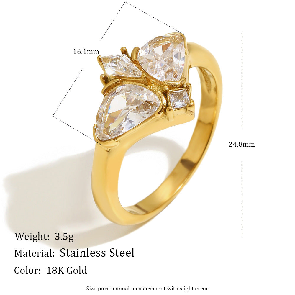 Anillo Minimalista de Acero Inoxidable con Forma de Mariposa, Bañado en Oro de 18K y con Incrustaciones de Zirconia para Mujer