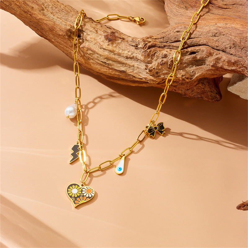 Fashion Drip Oil Plated Heart Butterfly Floral Stainless Steel Necklace with Cable Chain for Women