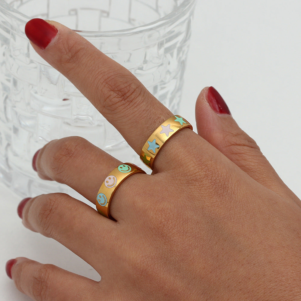 Fashionable Minimalist Smiley Face Stainless Steel Plated 18K Gold Geometric Ring for Women