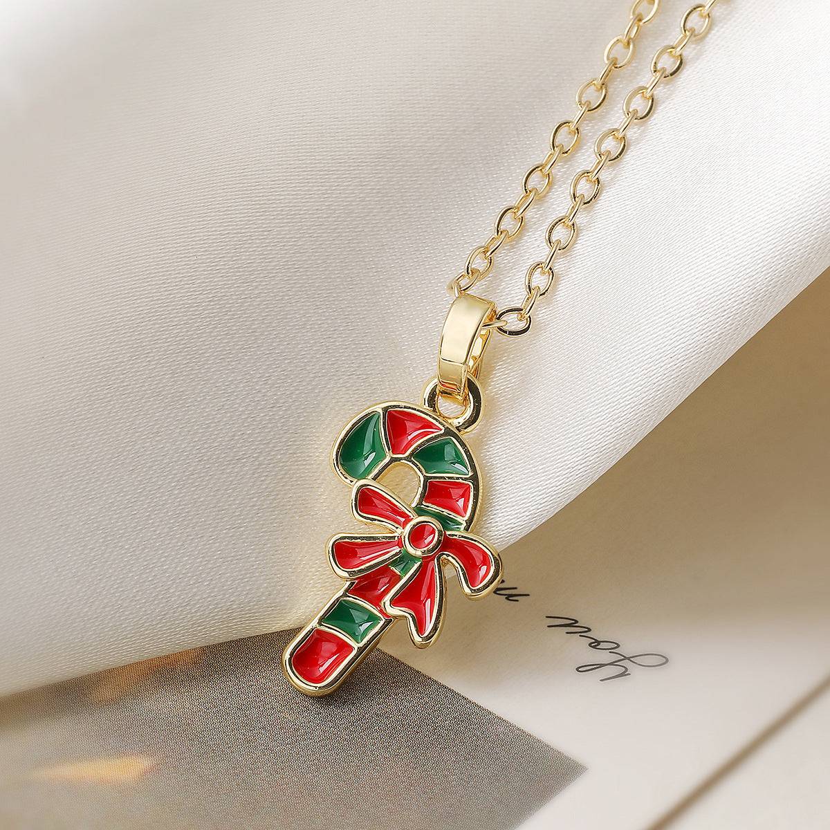 Christmas Geometric Drip Oil Gold Plated Brass Bell Pendant Necklace for Women