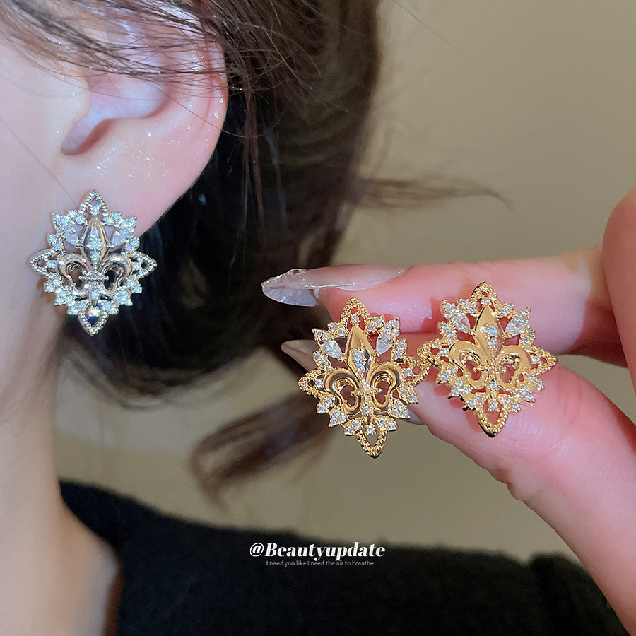 Pendientes de Cobre con Forma de Flor de Iris Vintage con Incrustaciones de Diamantes de Imitación y Postes de Acero Inoxidable para Mujer