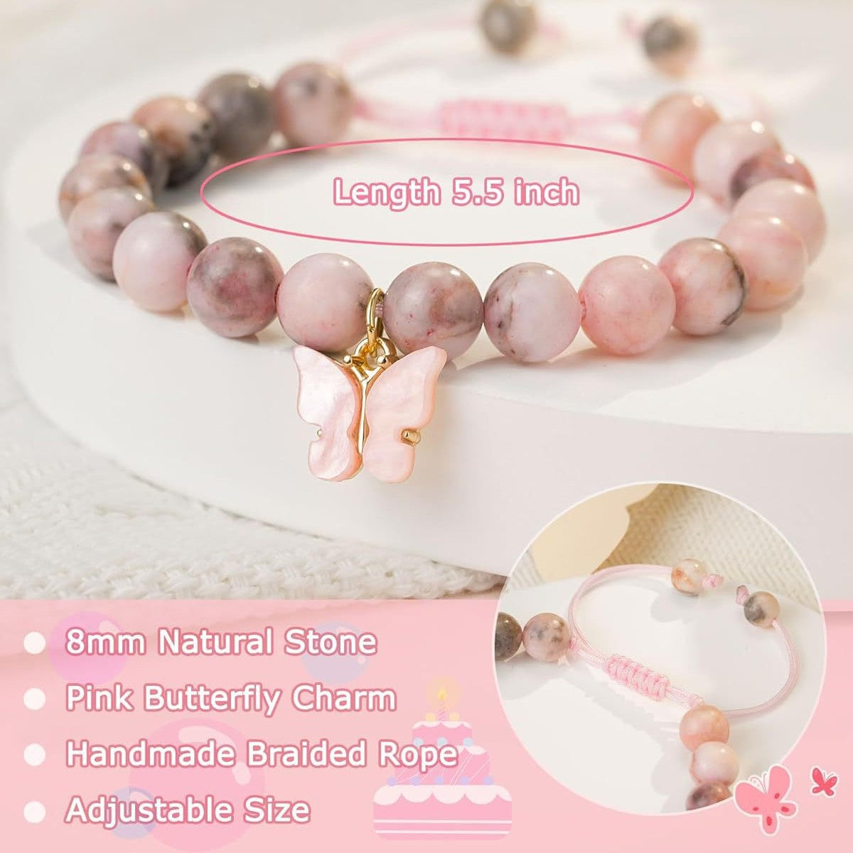Sweet Zebra Print Agate Butterfly Bracelet Unisex Handmade Woven Bangle with Gift Card