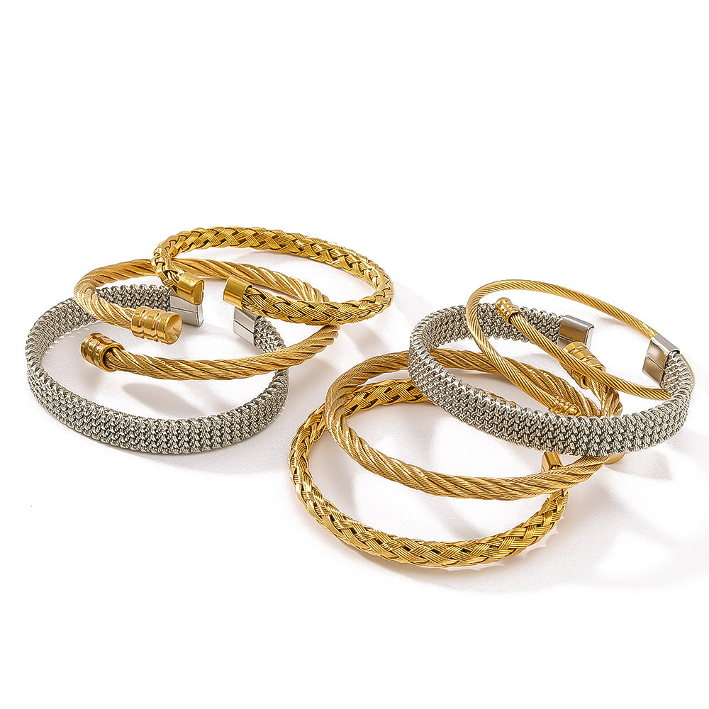 Minimalist Geometric Textured Titanium Steel Bracelet with 18K Vacuum Gold Plating for Women