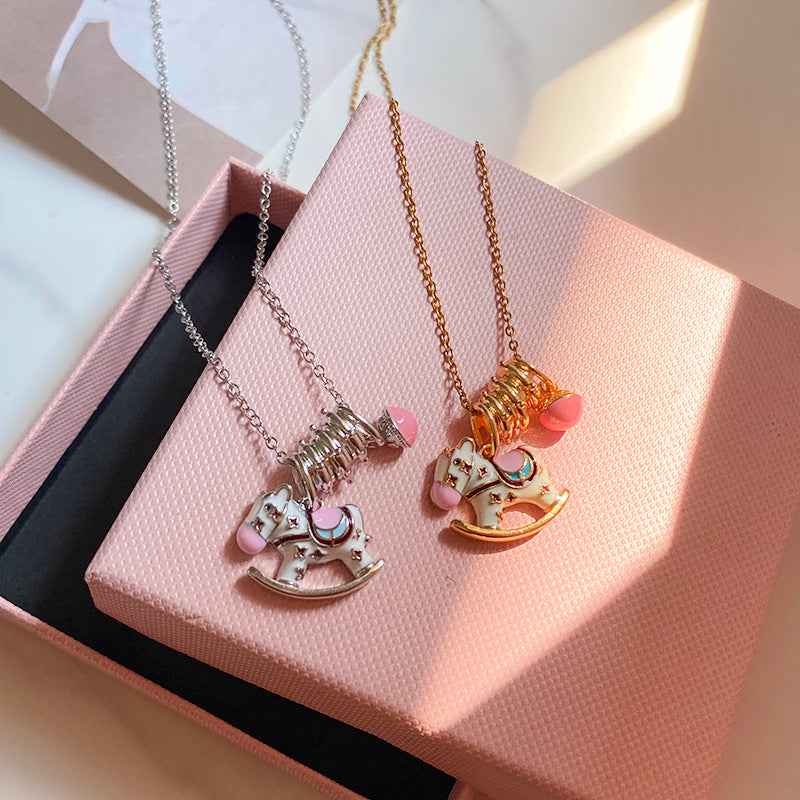 Casual Drip Oil Plated Titanium Steel Animal Carousel Necklace for Unisex