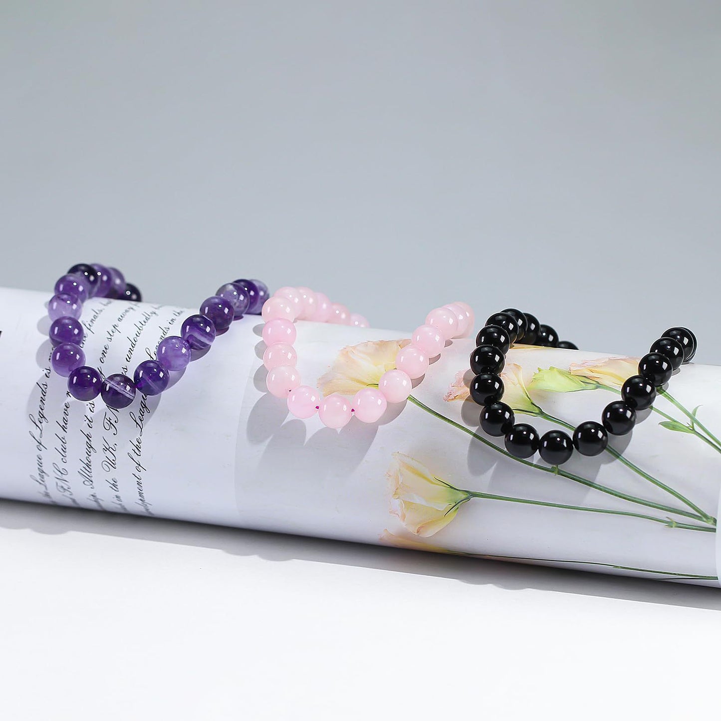 Minimalist Geometric Polished Crystal Beaded Stretch Bracelet Set with Floral Pattern Unisex Jewelry Gift
