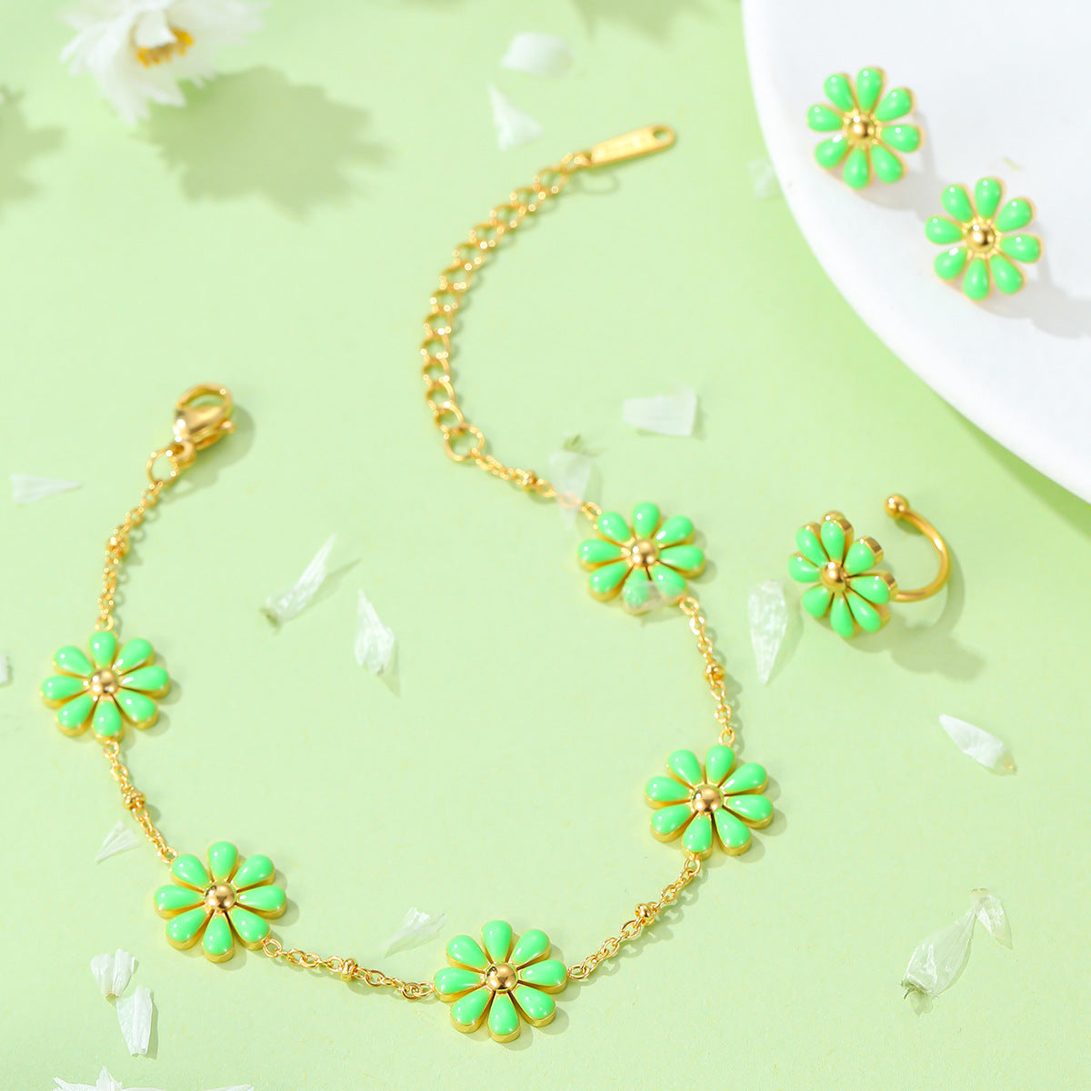 Minimalist Daisy Enamel Titanium Steel Bracelet Set with Matching Flower Ring for Women