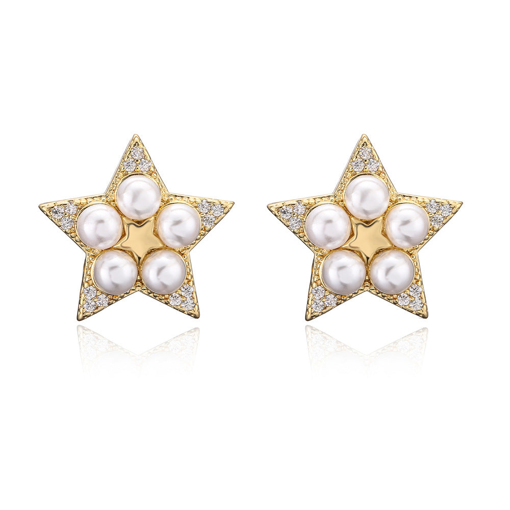 Gold Plated Brass Star Stud Earrings with Cubic Zirconia and Pearl Inlay