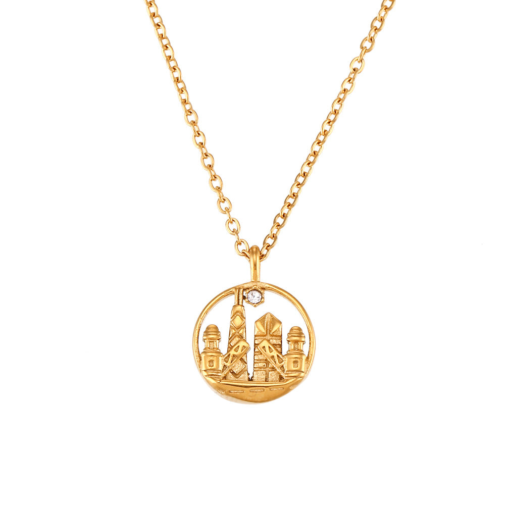 Collana con ciondolo geometrico rotondo minimalista da donna in acciaio inossidabile con finitura placcata