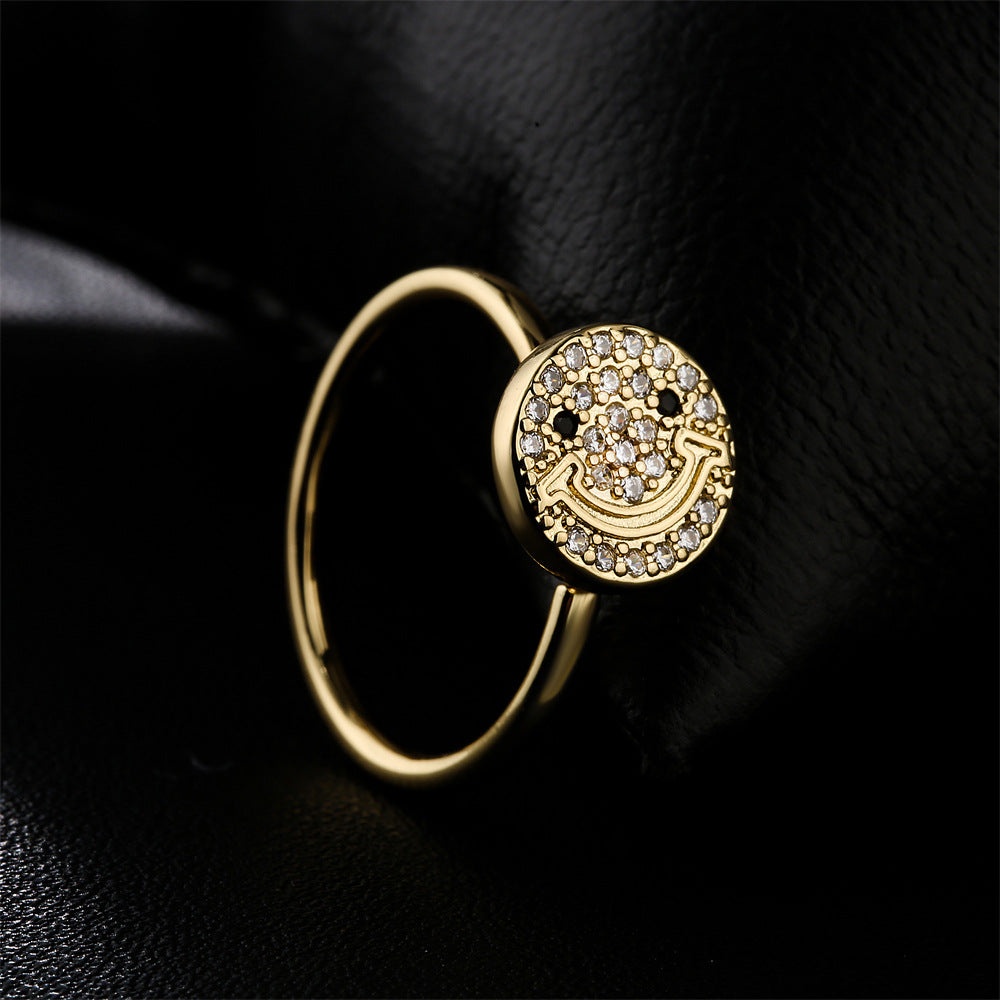 Rotatable Smiley Face Open Ring Geometric Brass Gold Plated Cubic Zirconia Inlay Women