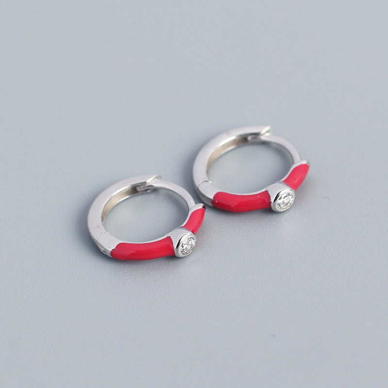 Orecchini a Cerchio Minimalisti Dolci in Argento Sterling 925 con Dettagli Geometrici e Smalto a Goccia Micro-incastonati
