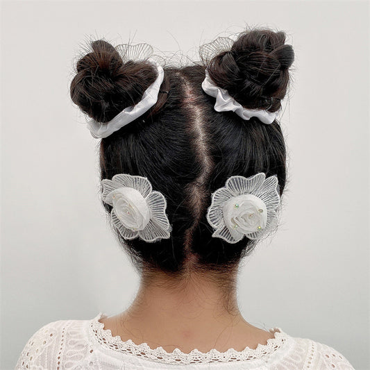 Cute Floral Hair Accessories Set for Kids Handmade Embroidered Tulle Flower Hair Clips and Hair Rings