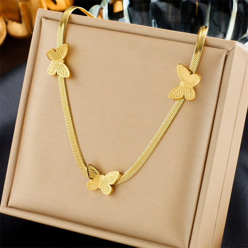 Minimalist Vintage-Inspired Heart and Butterfly Pendant Necklace with Rhinestone Inlay in Stainless Steel on Adjustable Chain