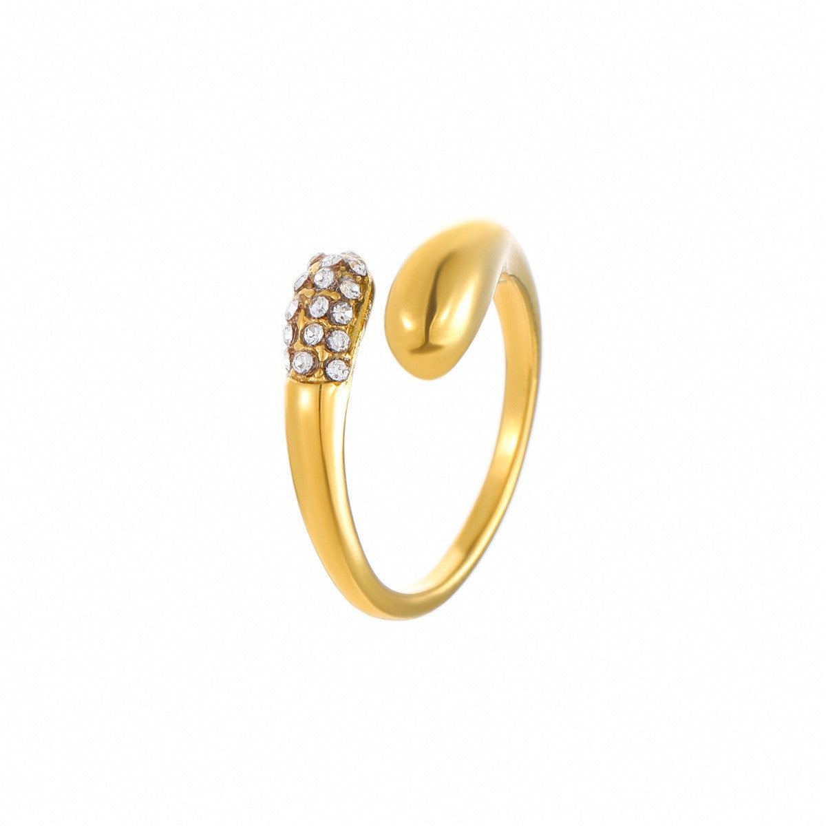 Anillo minimalista de lujo de acero de titanio con circonita, gota y banda abierta en forma de corazón para mujer