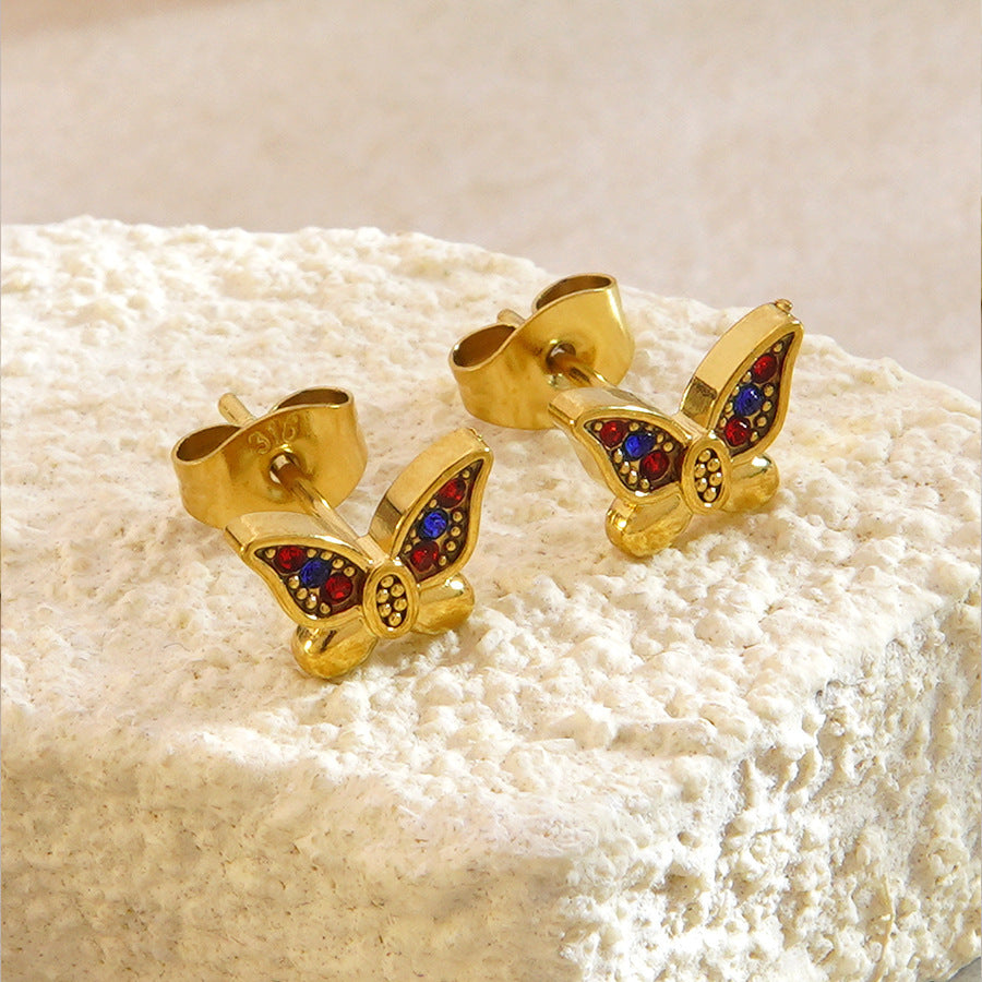 Parure Collana e Orecchini in Acciaio Inossidabile Placcato Oro 18K con Zirconi e Farfalla Elegante