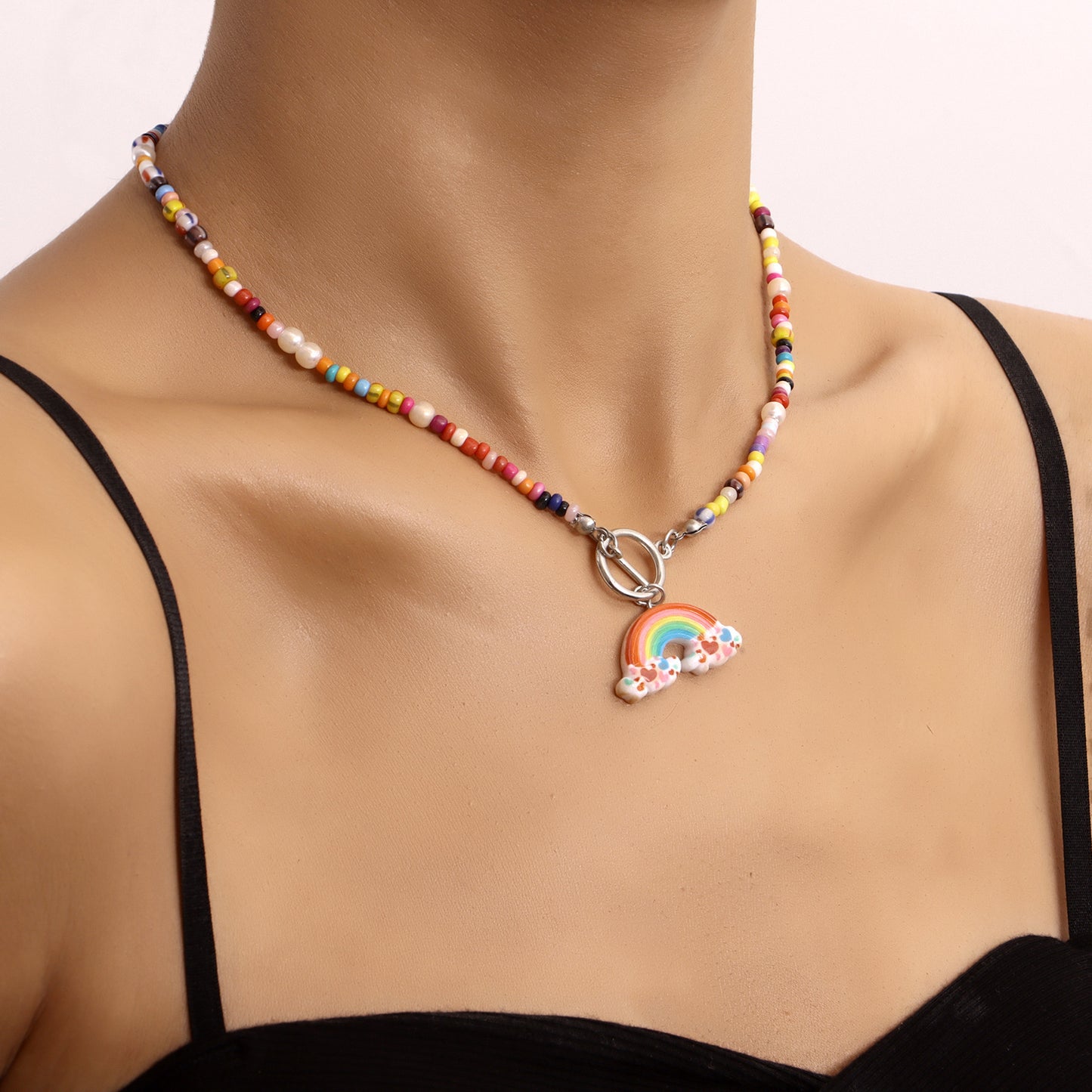 Bohemian Rainbow Beaded Geometric Pendant Necklace for Women with Gold-Plated Alloy and OT Clasp