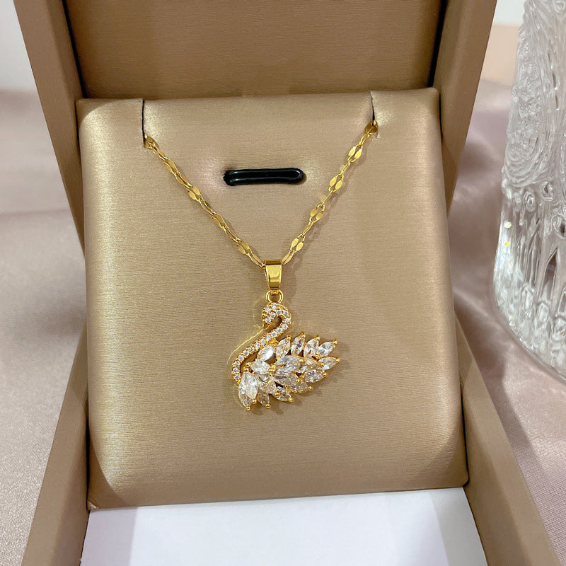 Minimalist Geometric Titanium Steel Necklace with Gold Plated Brass Pendant and Rhinestone Inlay