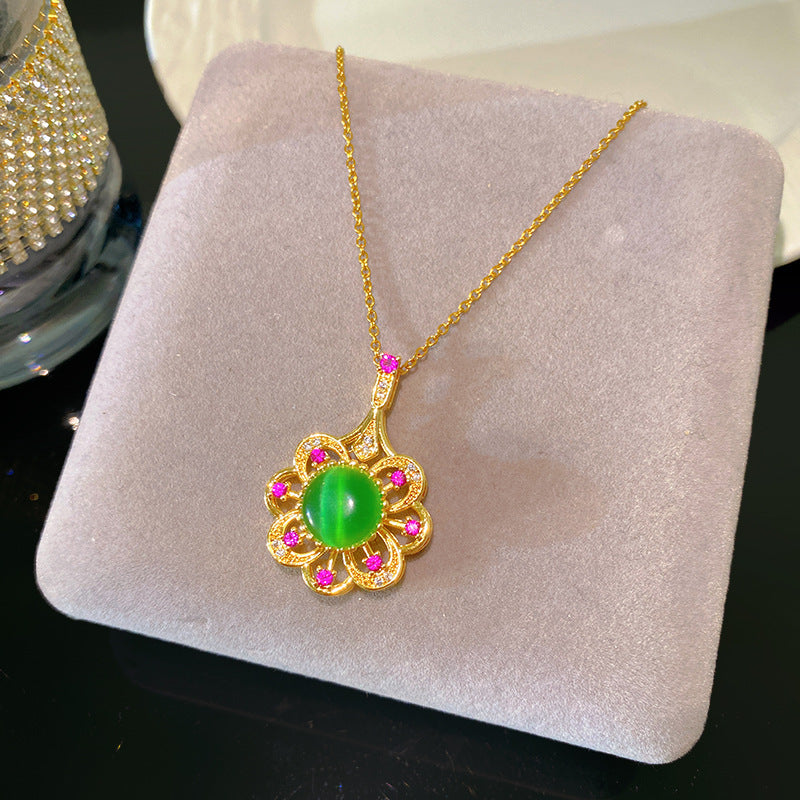 Sporty Sweet Rotatable Cat Eye Floral Heart Titanium Steel Necklace with Gold Plated Brass Pendant on Cable Chain