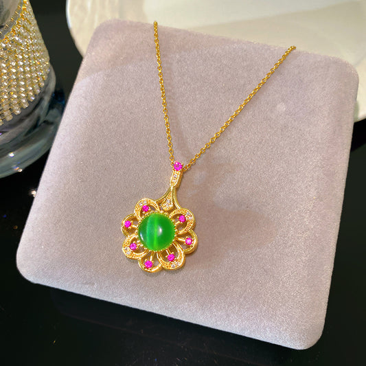 Sporty Sweet Rotatable Cat Eye Floral Heart Titanium Steel Necklace with Gold Plated Brass Pendant on Cable Chain