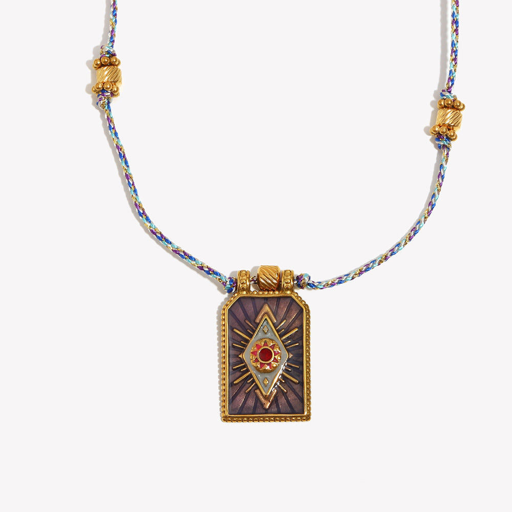 Minimalist Geometric Stainless Steel Plated 18K Gold Handwoven Colorful Cord Eye Charm Necklace for Women