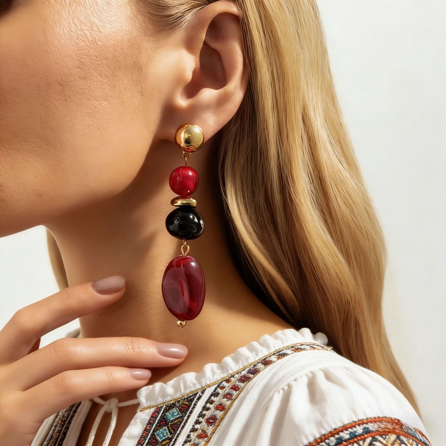 Orecchini Pendenti Vintage da Donna con Forme Geometriche Irregolari in Resina e Elementi Rotondi e Ovali Sfumati Ambra