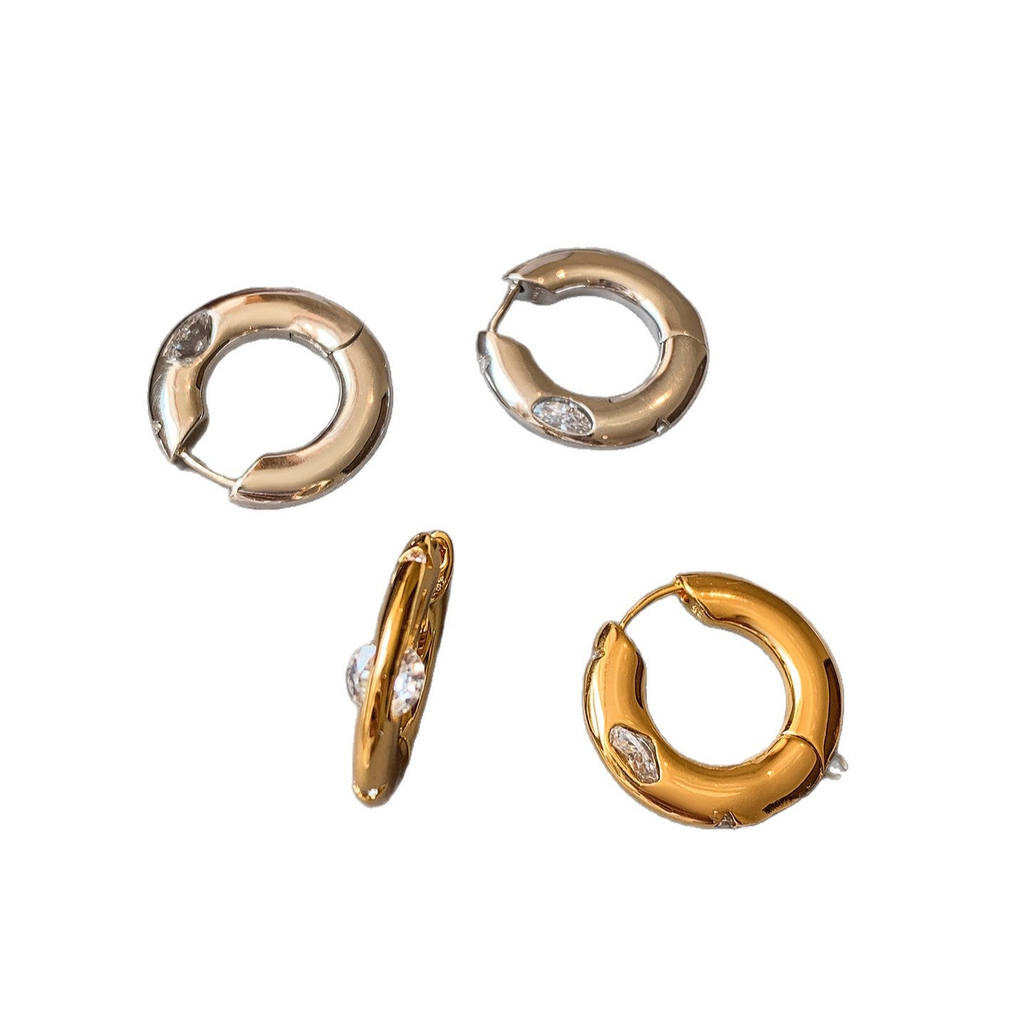 Orecchini a perno da donna in rame placcato oro con zirconi geometrici rotondi, stile lusso minimalista