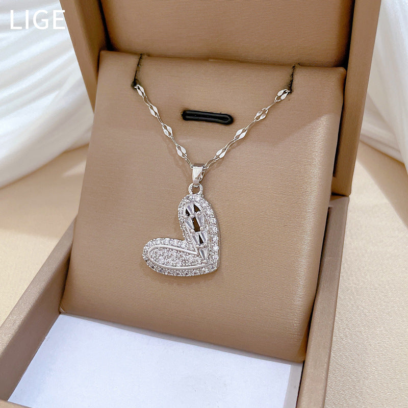Sweet Micro-Paved Rhinestone Heart Pendant Titanium Steel Necklace for Women