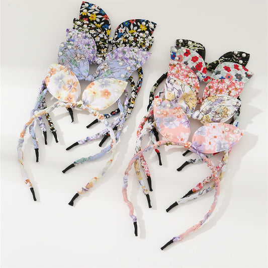 Cute Bow-Shaped Hairband Set for Kids with Fabric Band and Pearl Embellishments Floral Pattern Princess Style