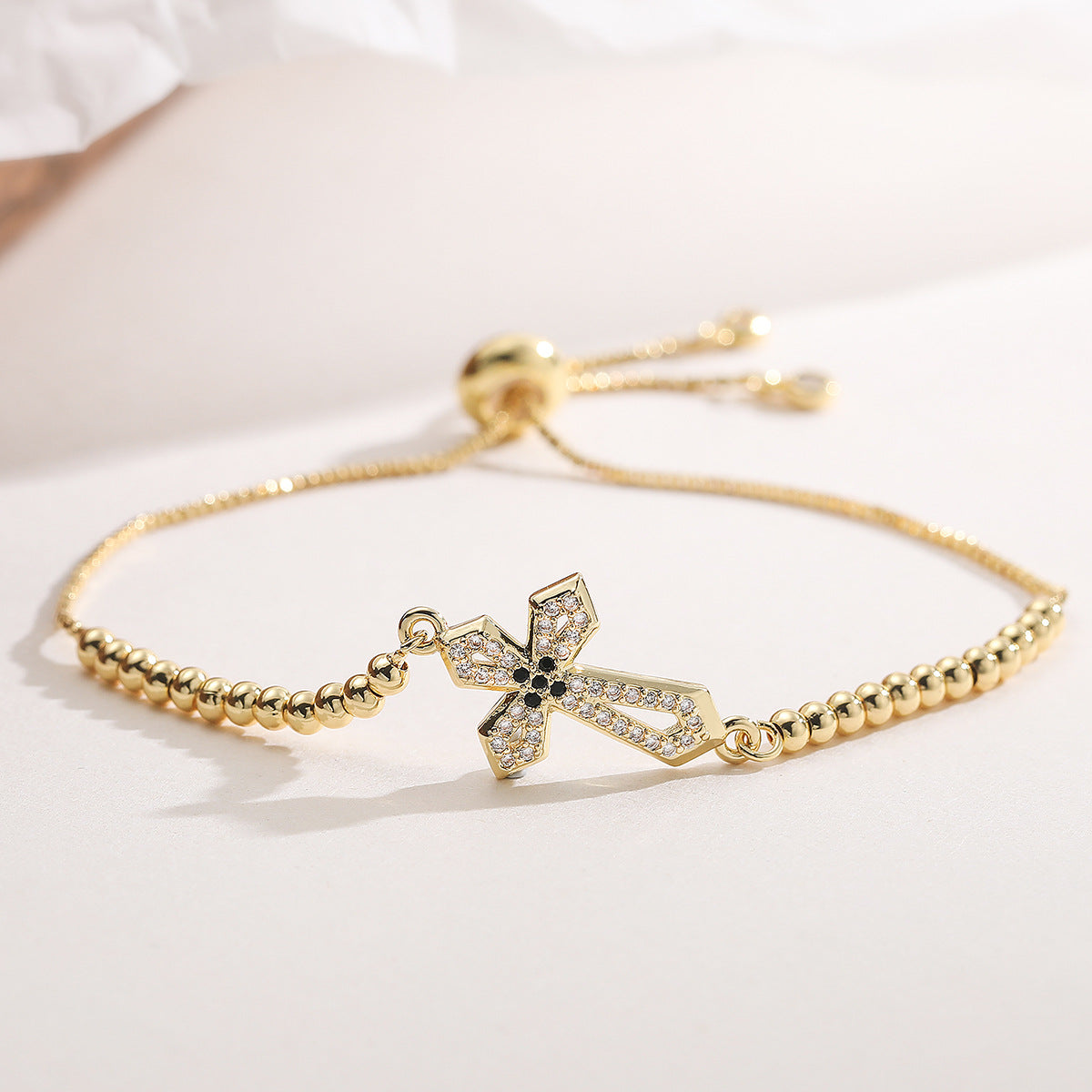 Minimalist Elegant 18K Gold Plated Brass Cross Bracelet with Cubic Zirconia Inlay for Women
