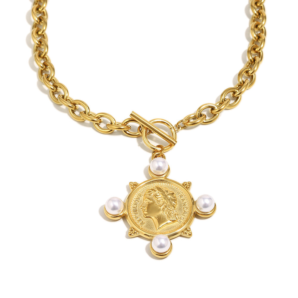 Minimalist Geometric Stainless Steel Pendant Necklace with 18K Gold Plating and Large O-Shape Chain for Women